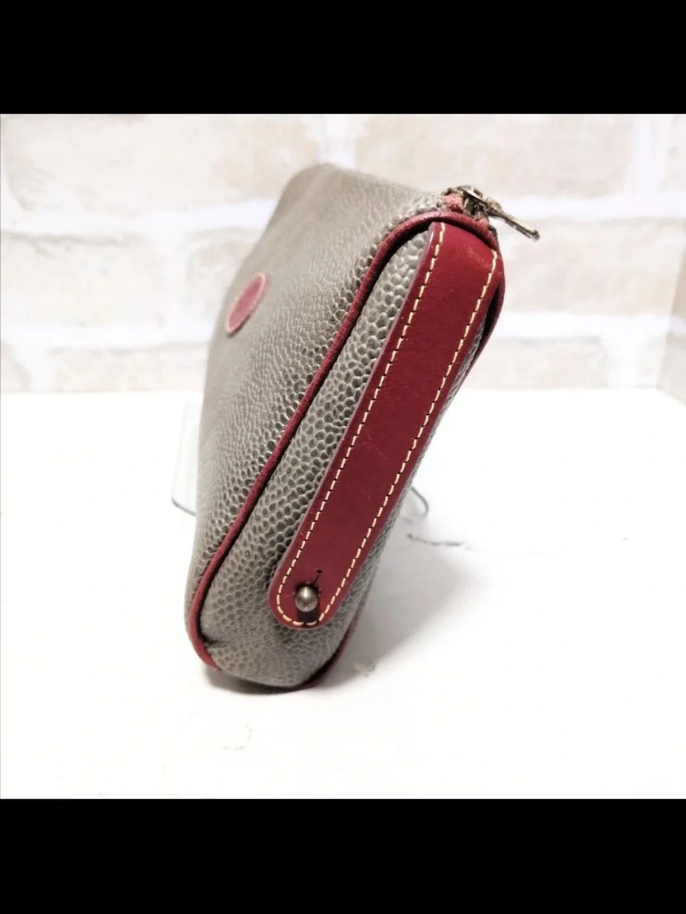 Mulberry Pebbled Leather Zip Pouch in Taupe with Red Accents